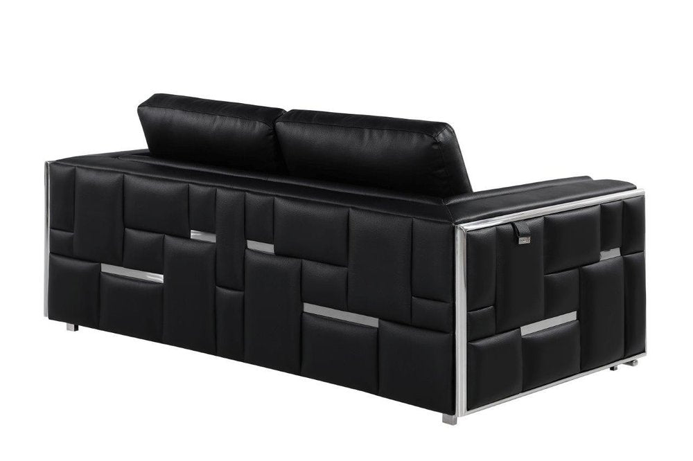 Marcelle 73" Black Leather Loveseat with Silver Legs