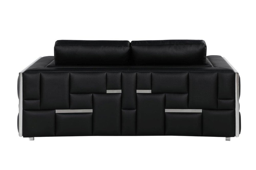 Marcelle 73" Black Leather Loveseat with Silver Legs
