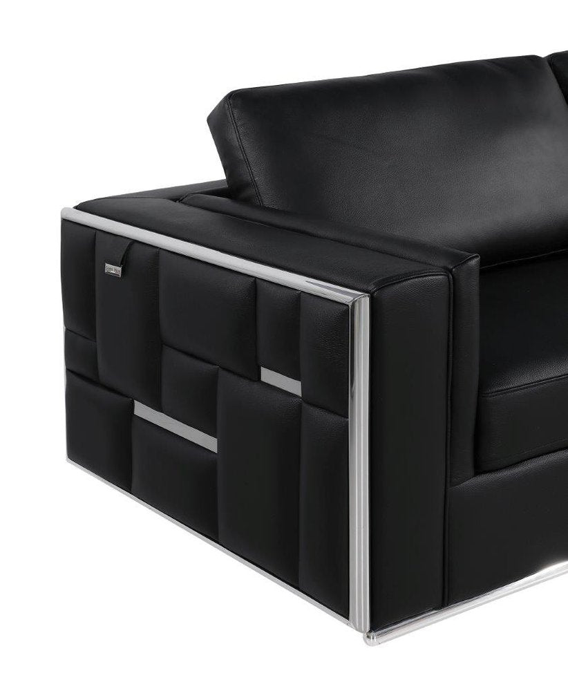 Marcelle 73" Black Leather Loveseat with Silver Legs