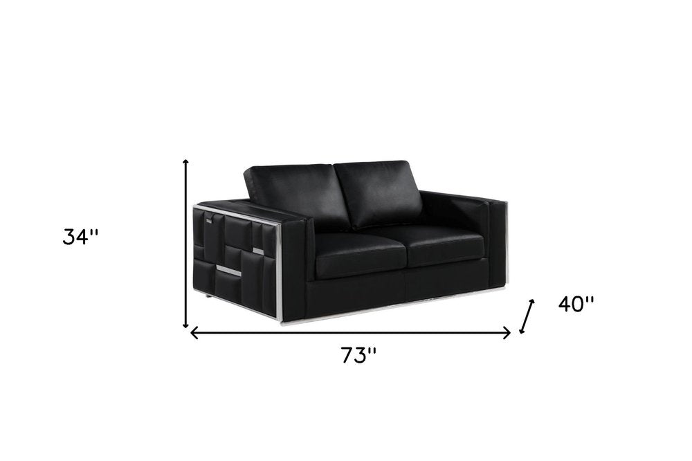 Marcelle 73" Black Leather Loveseat with Silver Legs