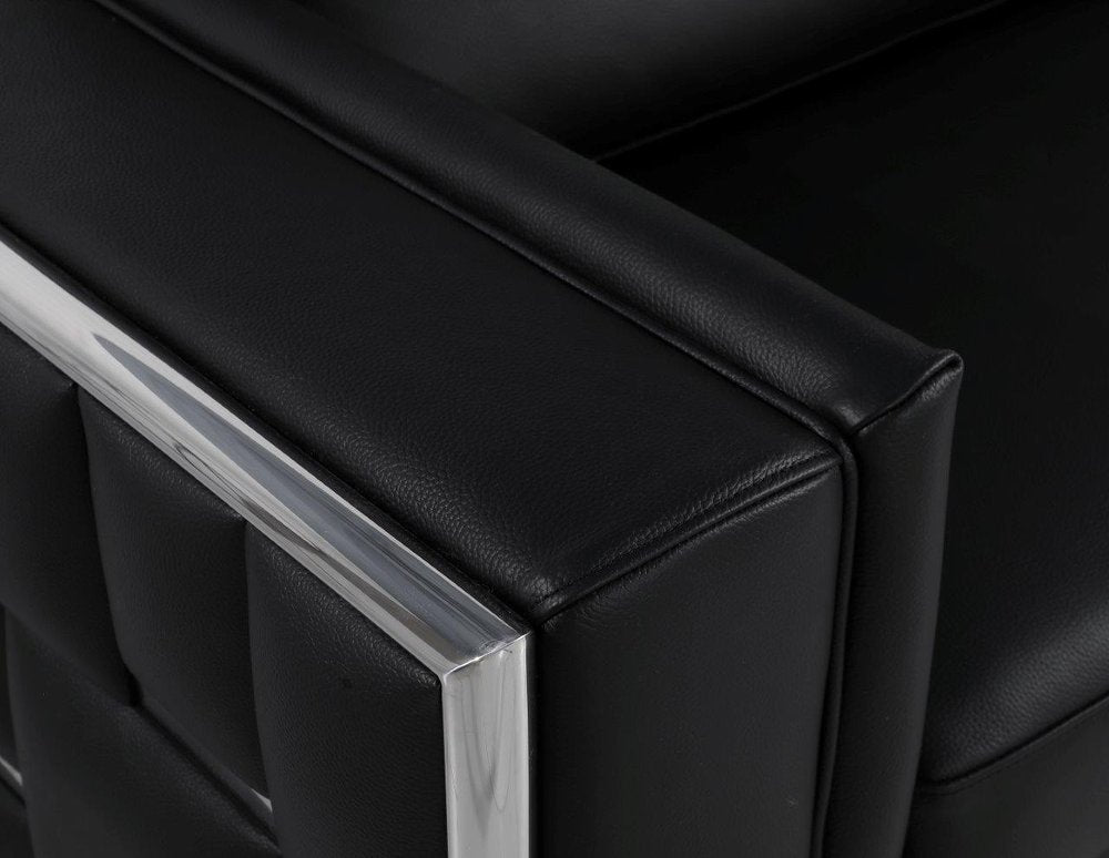 Marcelle 73" Black Leather Loveseat with Silver Legs
