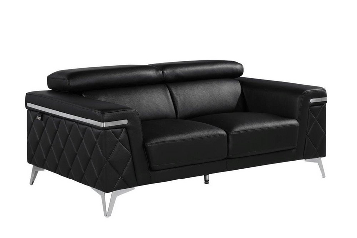 Mathis 70" Black Top Grain Leather Loveseat with Silver Legs