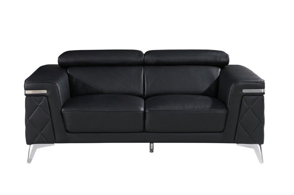Mathis 70" Black Top Grain Leather Loveseat with Silver Legs