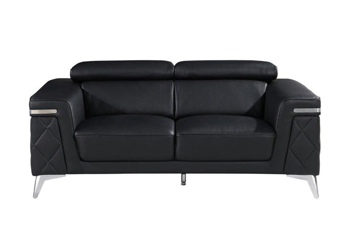 Mathis 70" Black Top Grain Leather Loveseat with Silver Legs