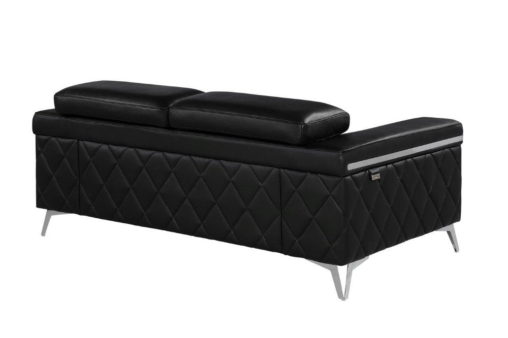 Mathis 70" Black Top Grain Leather Loveseat with Silver Legs