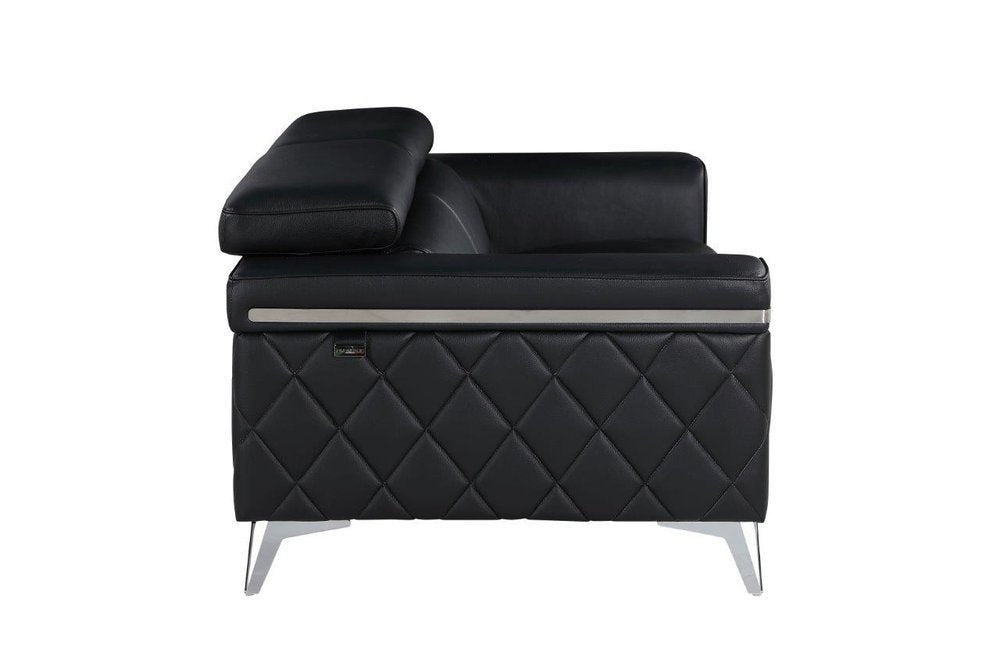 Mathis 70" Black Top Grain Leather Loveseat with Silver Legs