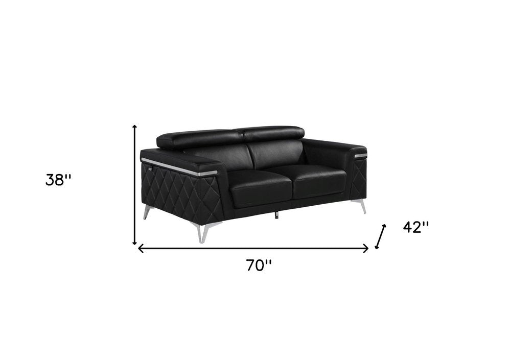 Mathis 70" Black Top Grain Leather Loveseat with Silver Legs