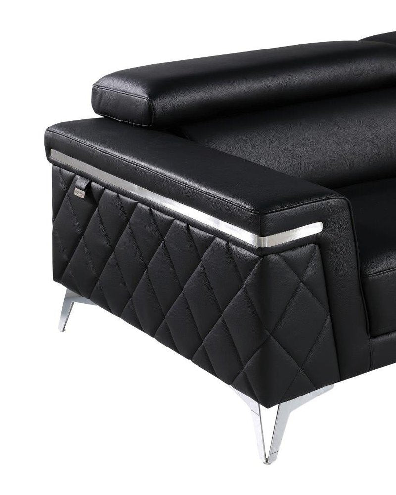 Mathis 70" Black Top Grain Leather Loveseat with Silver Legs