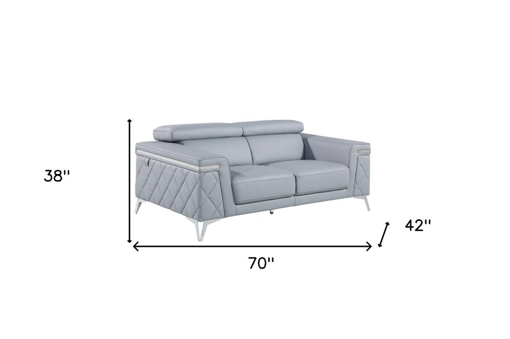Riviera 70″ Light Blue & Silver Metallic Top Grain Leather Loveseat with Square Arms