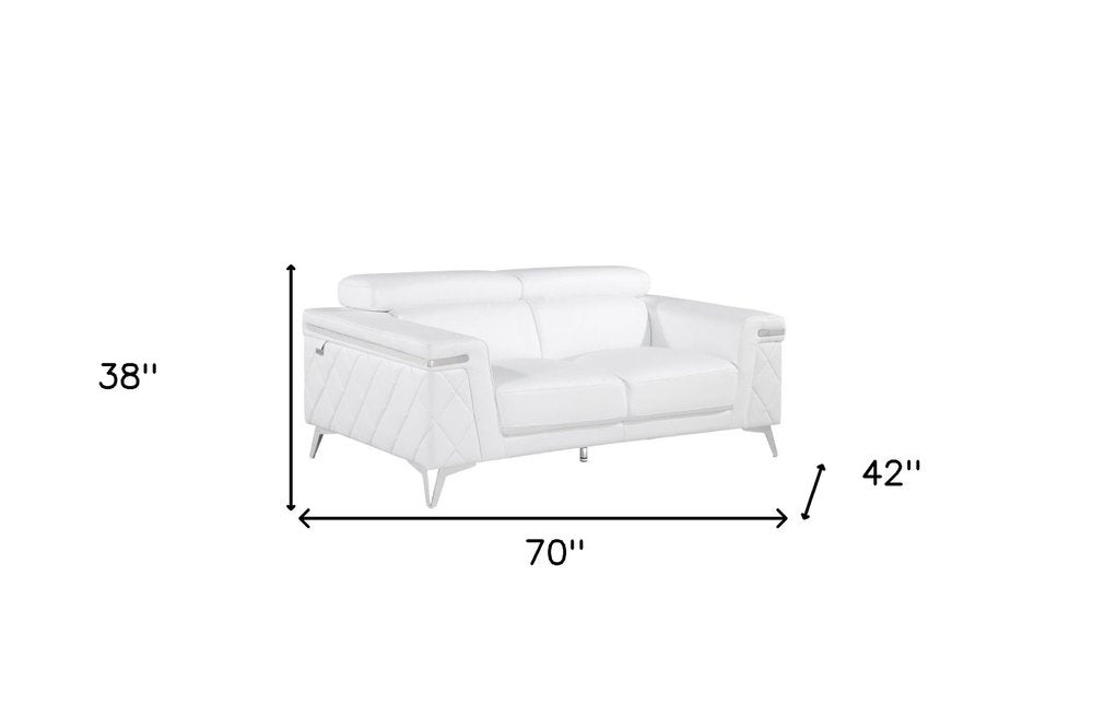 Valencia 70″ White & Silver Metallic Top Grain Leather Loveseat with Square Arms