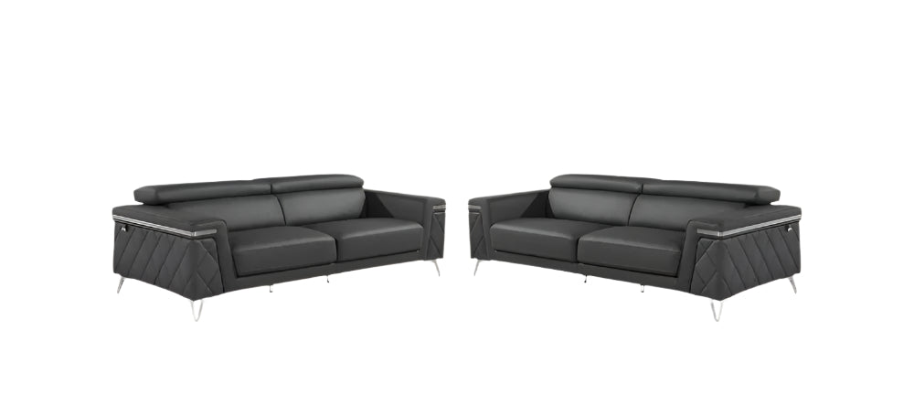 Monaco Luxe Gray Top Grain Leather 2-Piece Sofa Set with Chrome Legs