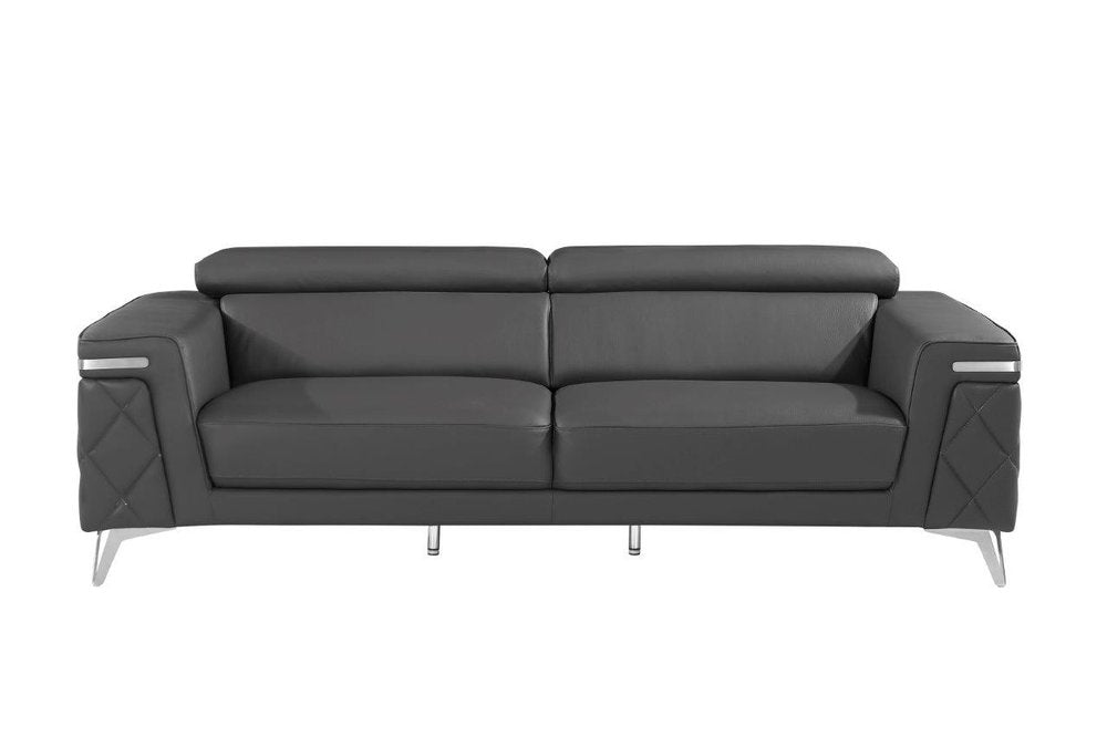 Monaco Luxe Gray Top Grain Leather 2-Piece Sofa Set with Chrome Legs