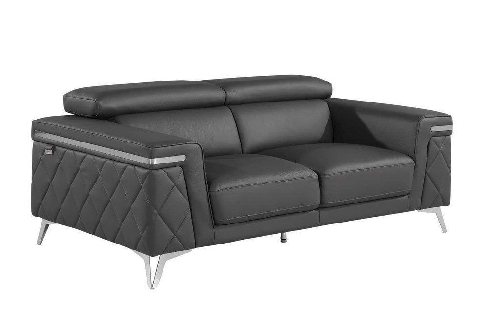 Monaco Luxe Gray Top Grain Leather 2-Piece Sofa Set with Chrome Legs