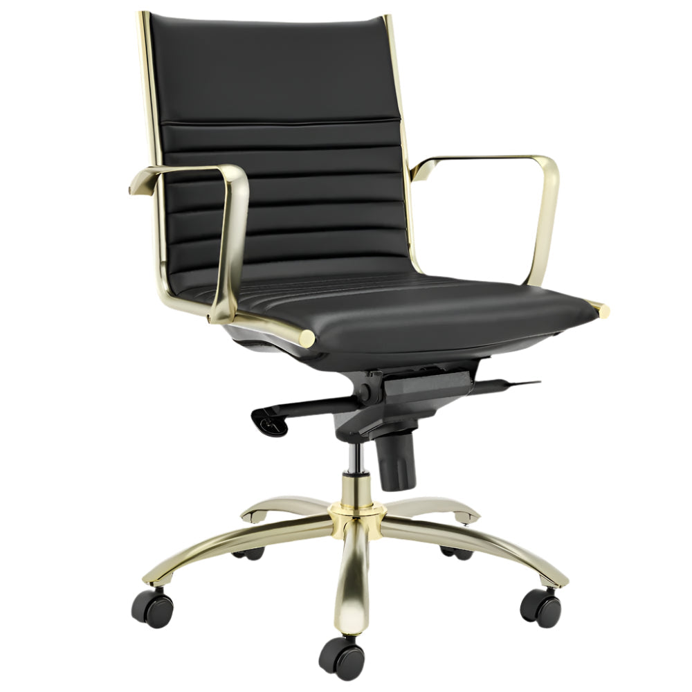 Aubin 38" Black and Gold Faux Leather Office Chair with Channel Tufting and Tilt Mechanism
