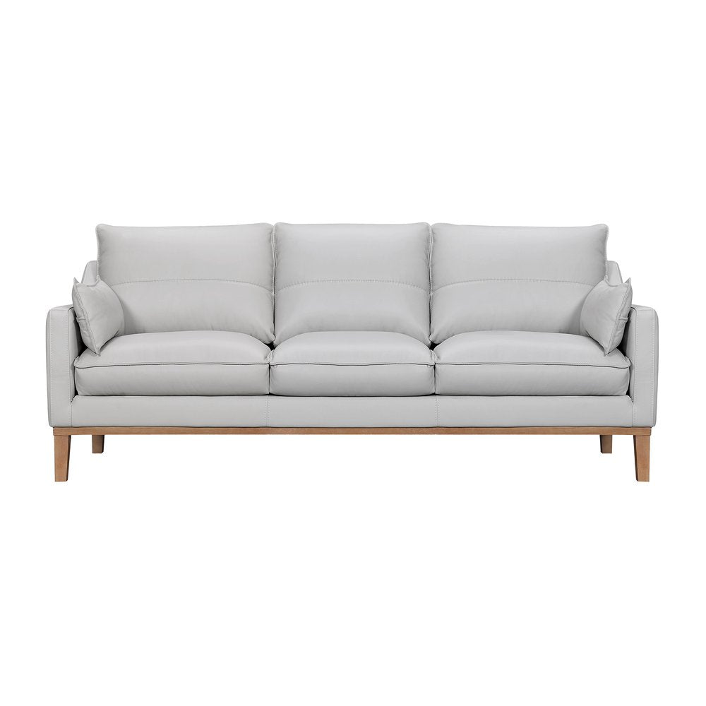 Marceau 87" Gray Leather Sofa with Brown Legs and Toss Pillows