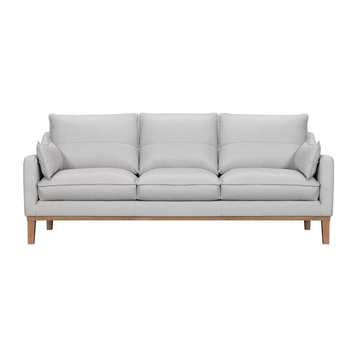 Marceau 87" Gray Leather Sofa with Brown Legs and Toss Pillows
