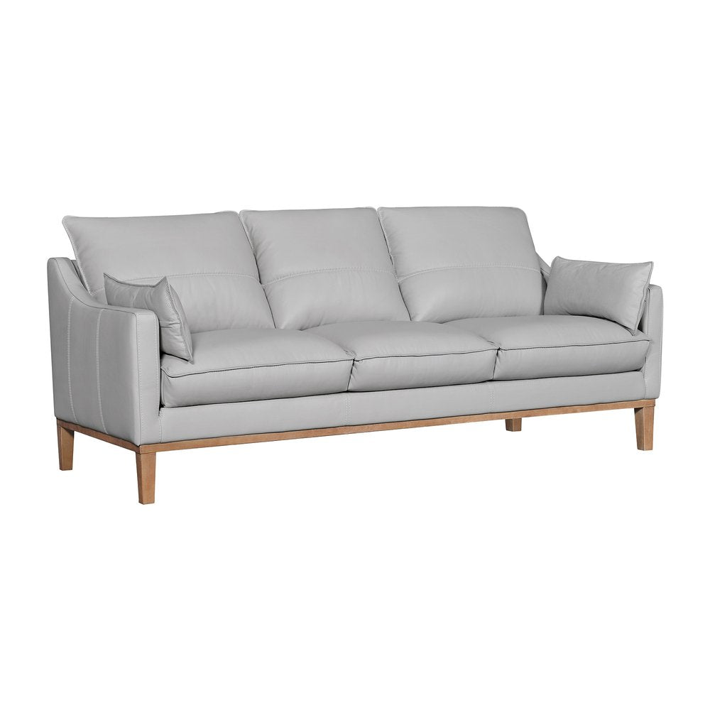 Marceau 87" Gray Leather Sofa with Brown Legs and Toss Pillows