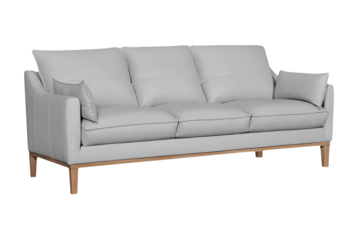 Marceau 87" Gray Leather Sofa with Brown Legs and Toss Pillows
