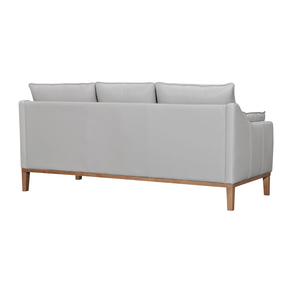 Marceau 87" Gray Leather Sofa with Brown Legs and Toss Pillows