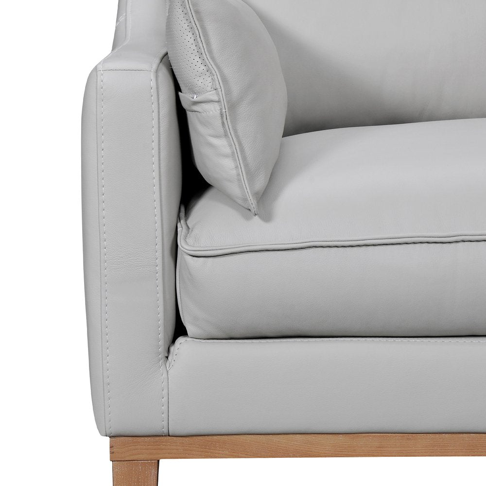 Marceau 87" Gray Leather Sofa with Brown Legs and Toss Pillows