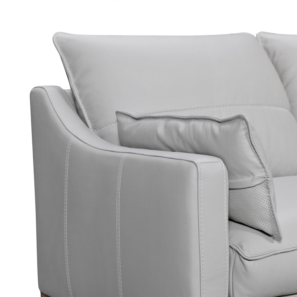 Marceau 87" Gray Leather Sofa with Brown Legs and Toss Pillows