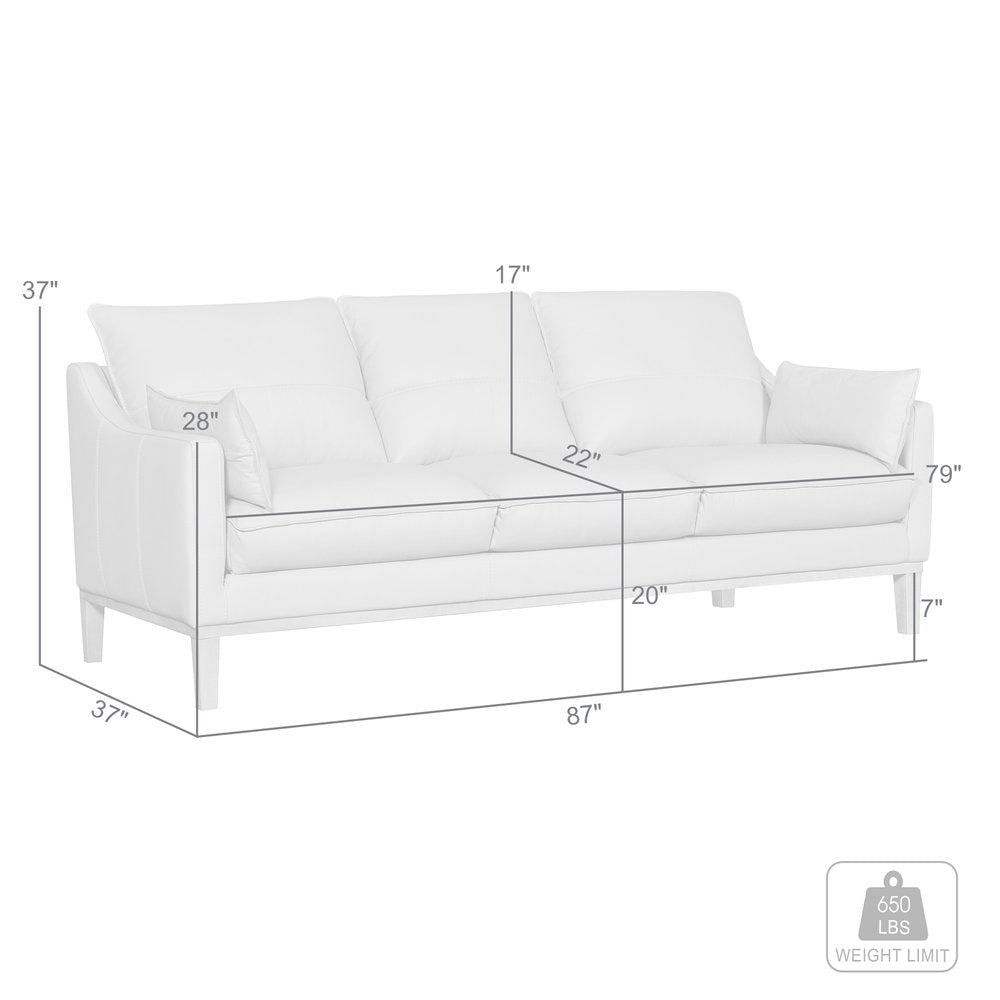 Marceau 87" Gray Leather Sofa with Brown Legs and Toss Pillows