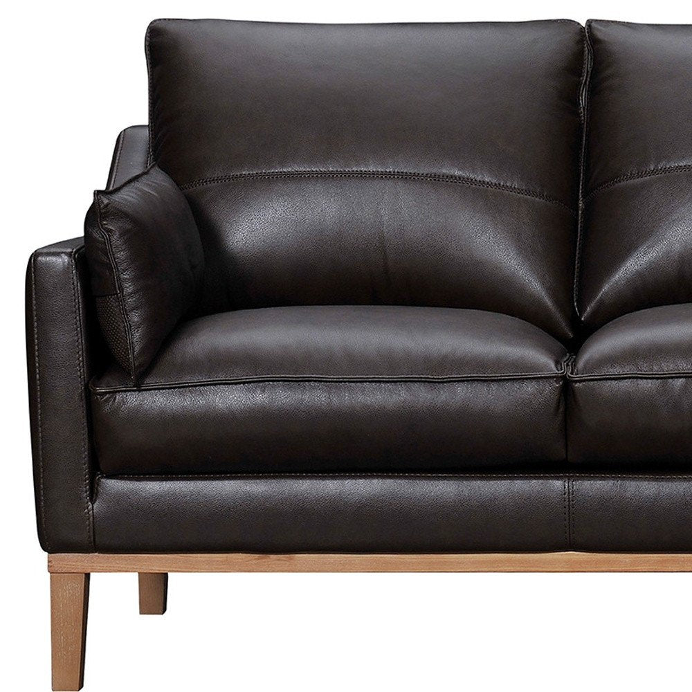 Renard 87" Dark Brown Leather Sofa with Brown Legs and Toss Pillows