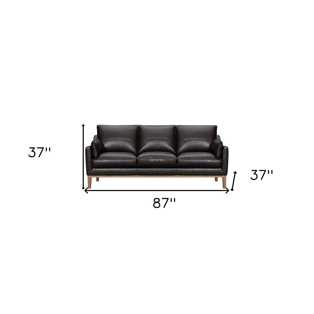 Renard 87" Dark Brown Leather Sofa with Brown Legs and Toss Pillows