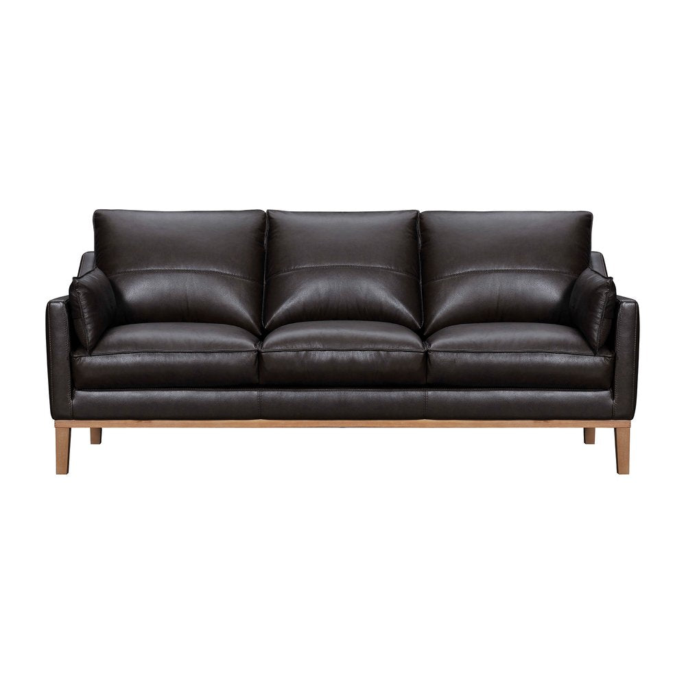 Renard 87" Dark Brown Leather Sofa with Brown Legs and Toss Pillows