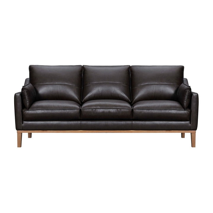 Renard 87" Dark Brown Leather Sofa with Brown Legs and Toss Pillows
