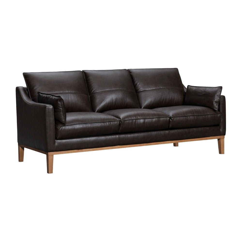 Renard 87" Dark Brown Leather Sofa with Brown Legs and Toss Pillows
