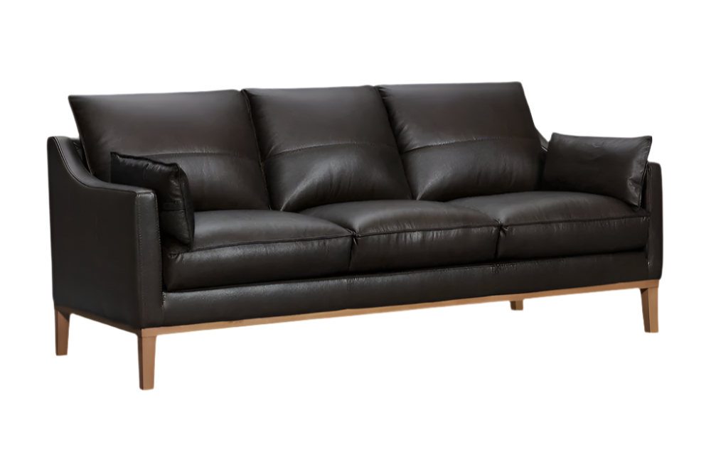 Renard 87" Dark Brown Leather Sofa with Brown Legs and Toss Pillows