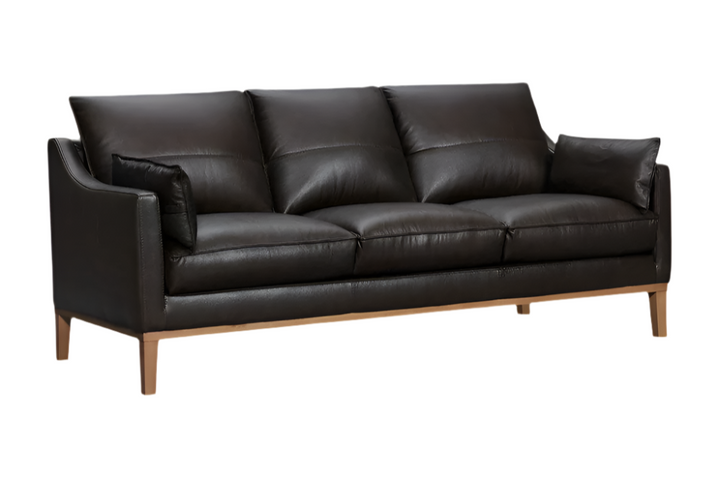 Renard 87" Dark Brown Leather Sofa with Brown Legs and Toss Pillows