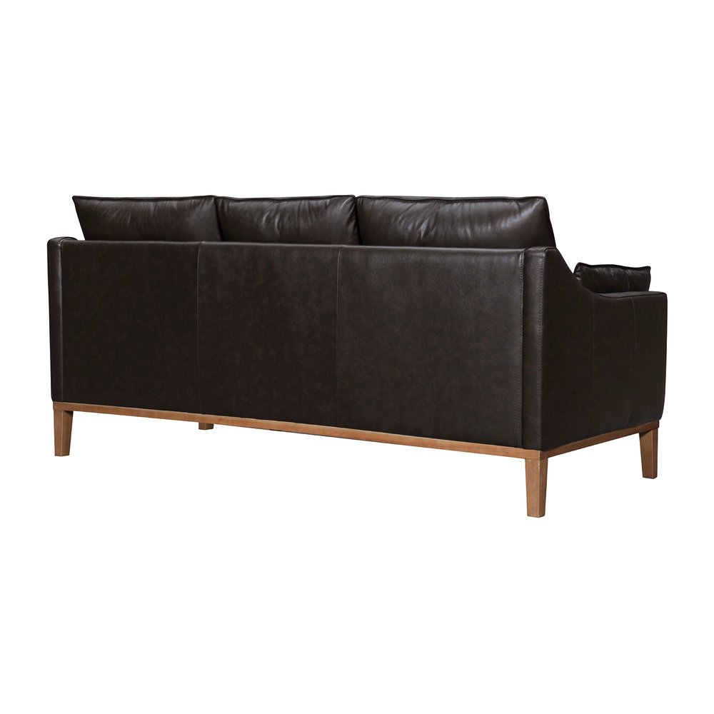 Renard 87" Dark Brown Leather Sofa with Brown Legs and Toss Pillows
