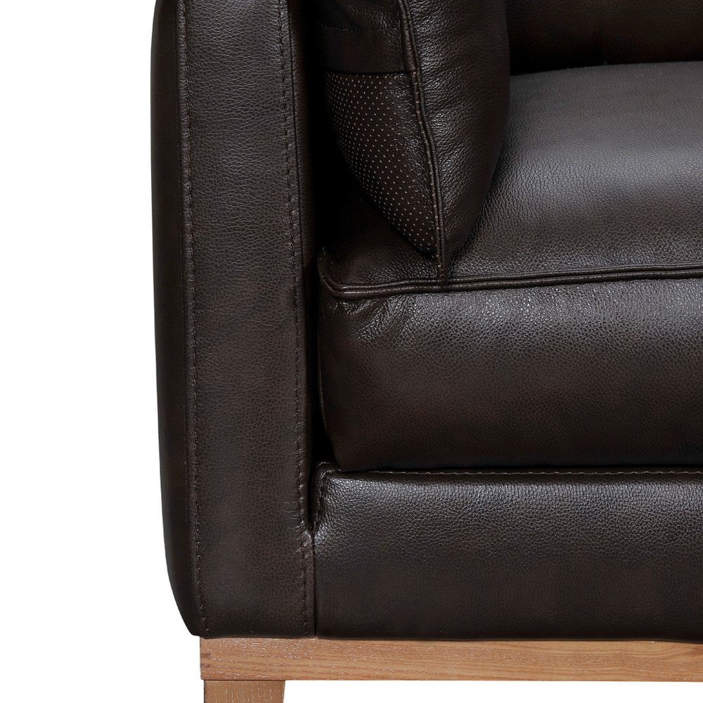 Renard 87" Dark Brown Leather Sofa with Brown Legs and Toss Pillows