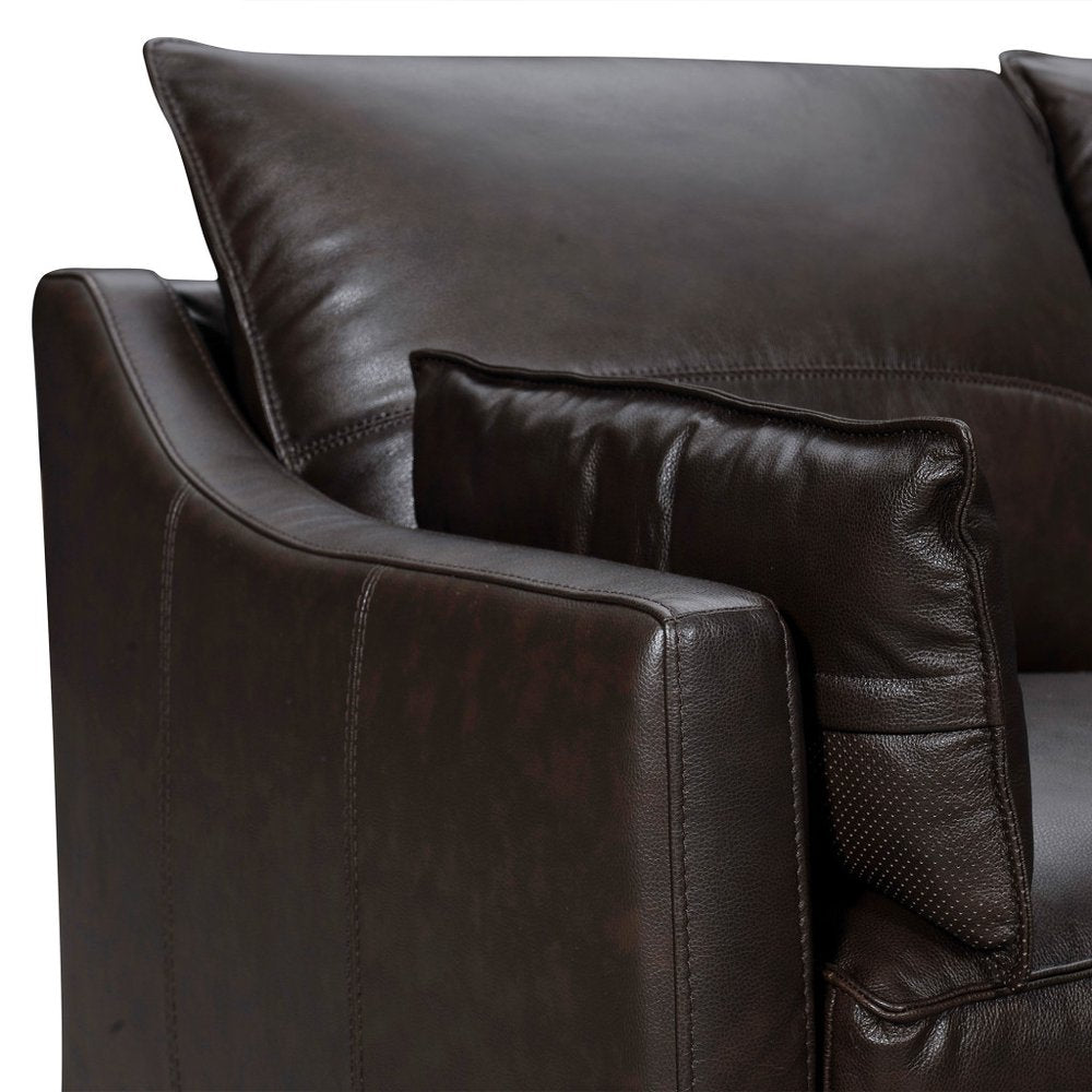 Renard 87" Dark Brown Leather Sofa with Brown Legs and Toss Pillows