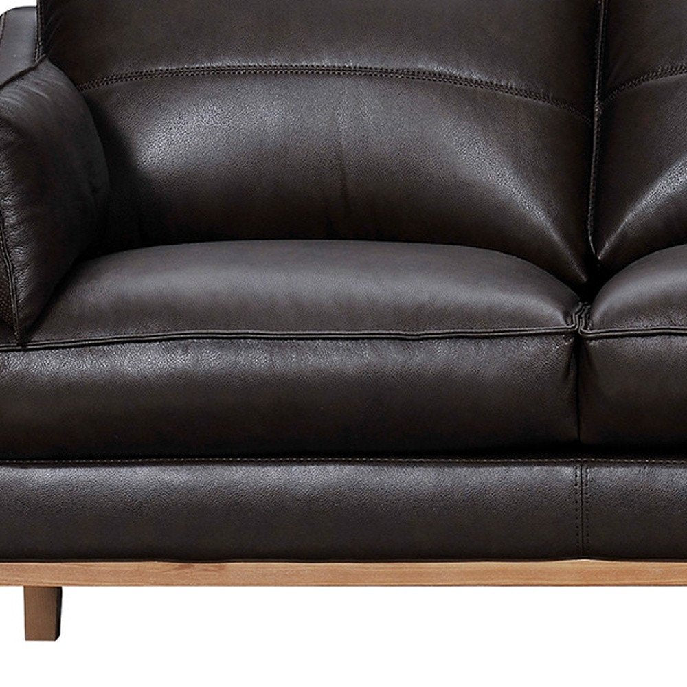 Renard 87" Dark Brown Leather Sofa with Brown Legs and Toss Pillows