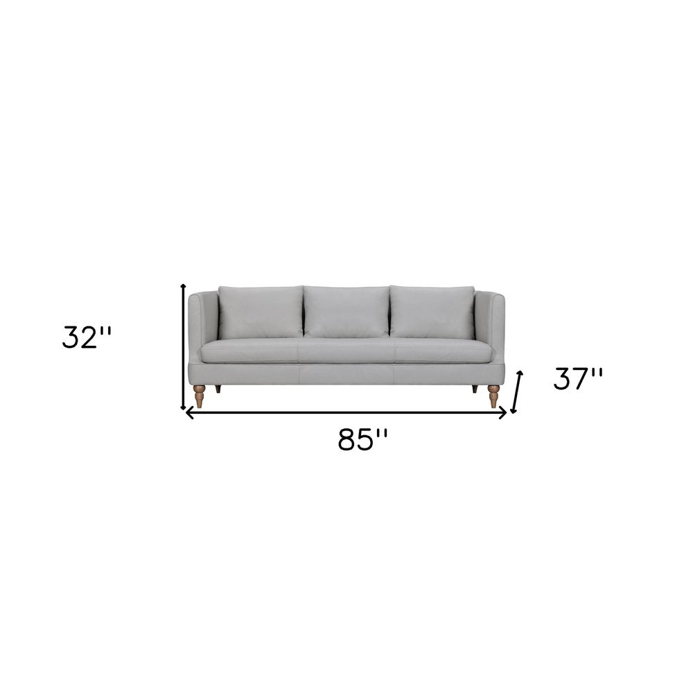 Alessio 85″ Gray Leather Sofa with Tuxedo Arms & Brown Legs