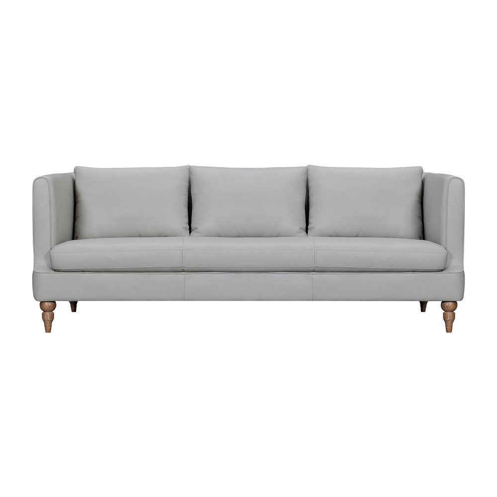 Alessio 85″ Gray Leather Sofa with Tuxedo Arms & Brown Legs