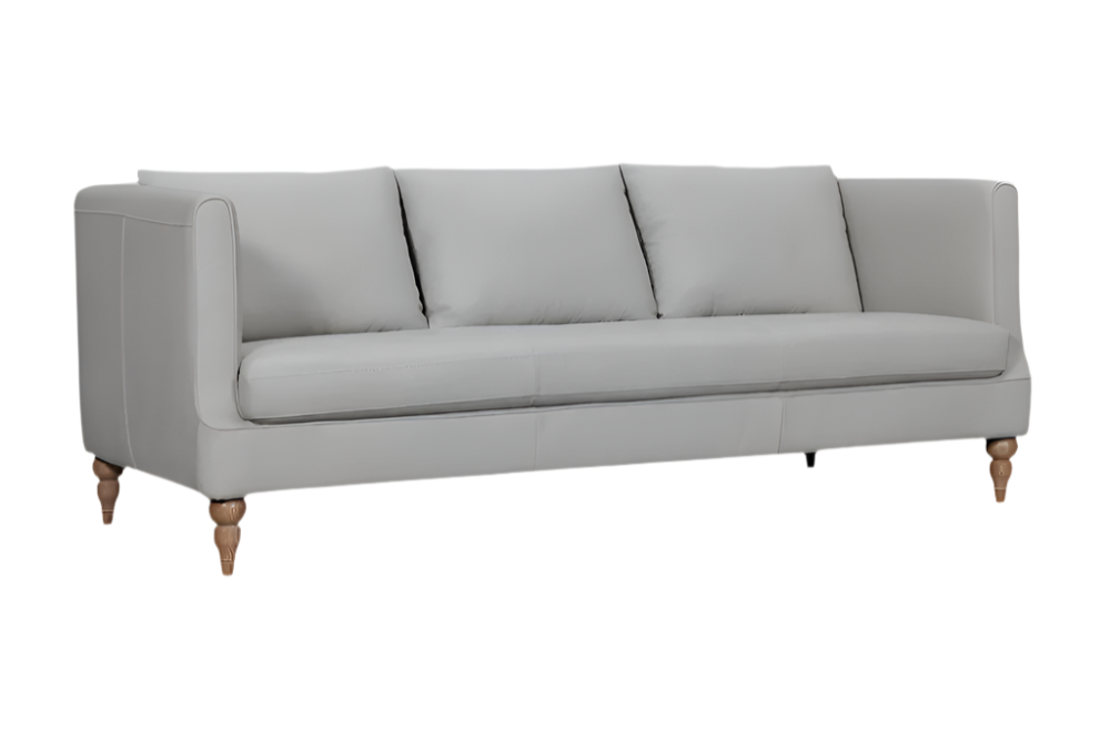 Alessio 85″ Gray Leather Sofa with Tuxedo Arms & Brown Legs