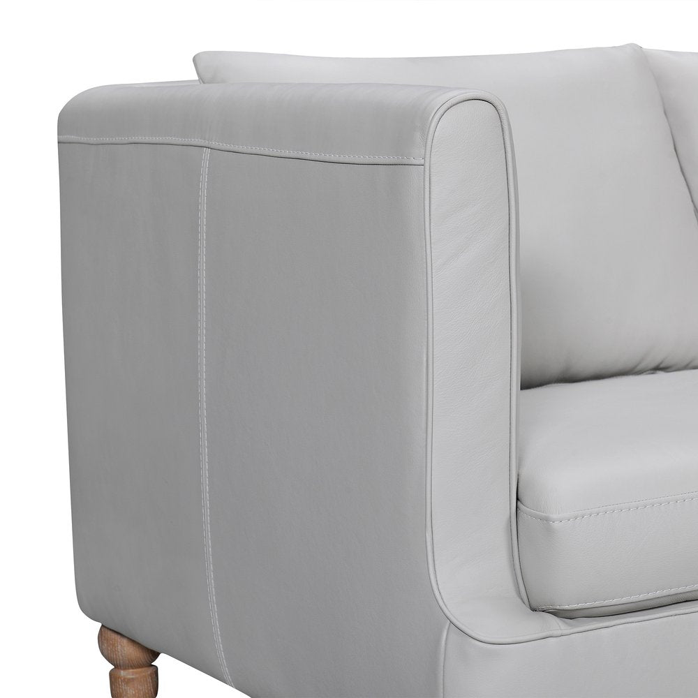 Alessio 85″ Gray Leather Sofa with Tuxedo Arms & Brown Legs