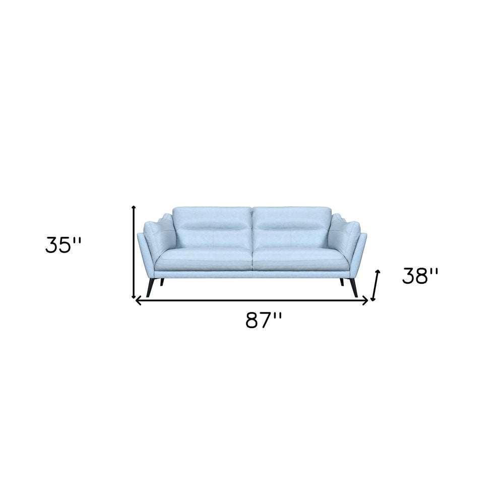 Marcelline 87" Sky Blue Leather Tuxedo Sofa with Flared Arms and Black Legs