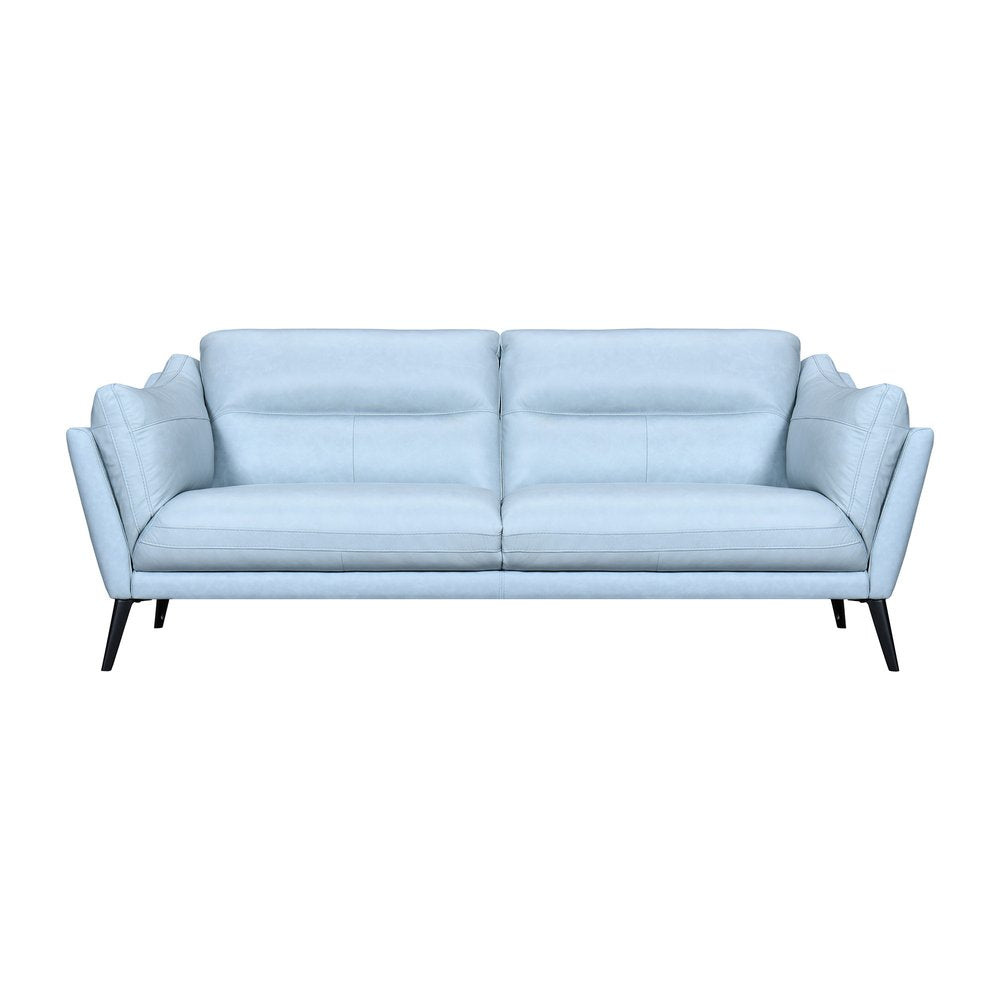 Marcelline 87" Sky Blue Leather Tuxedo Sofa with Flared Arms and Black Legs