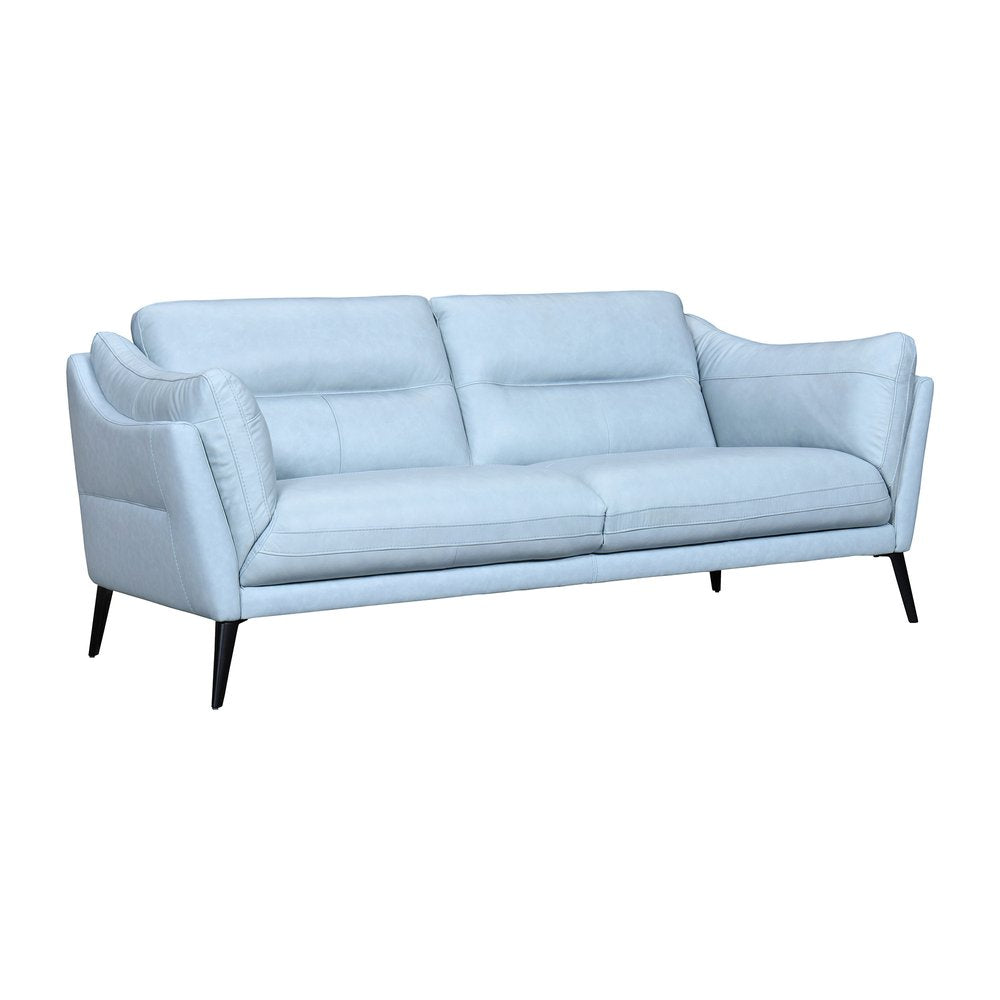 Marcelline 87" Sky Blue Leather Tuxedo Sofa with Flared Arms and Black Legs