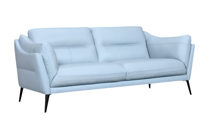 Marcelline 87" Sky Blue Leather Tuxedo Sofa with Flared Arms and Black Legs