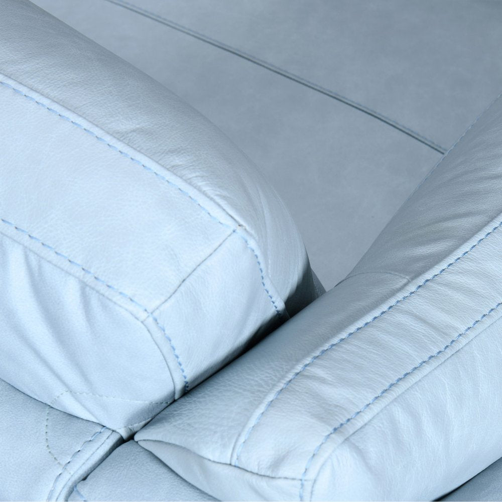 Marcelline 87" Sky Blue Leather Tuxedo Sofa with Flared Arms and Black Legs