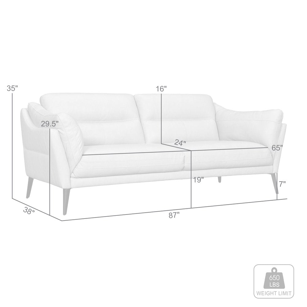 Marcelline 87" Sky Blue Leather Tuxedo Sofa with Flared Arms and Black Legs