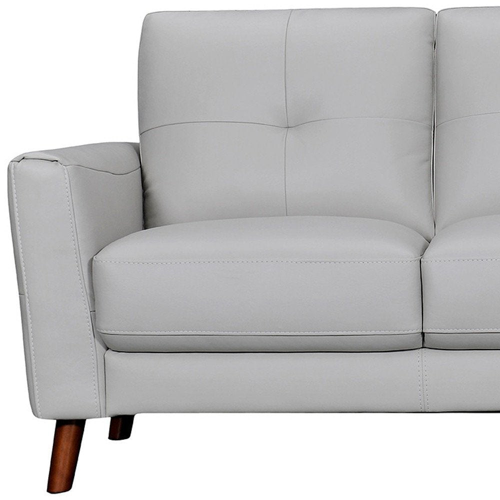 Ashford 82" Light Slate Gray Leather Sofa with Tufted Cushions and Brown Legs