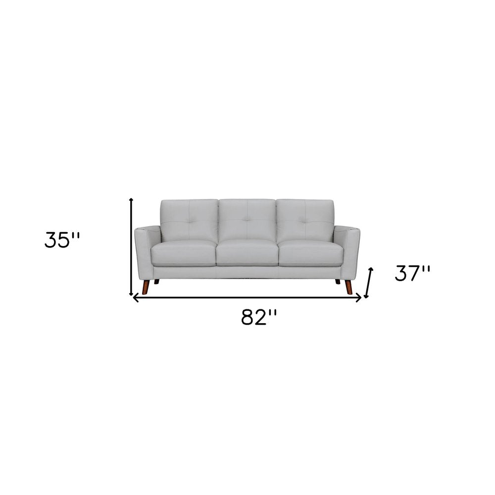Ashford 82" Light Slate Gray Leather Sofa with Tufted Cushions and Brown Legs