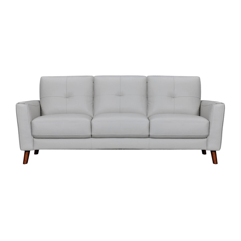 Ashford 82" Light Slate Gray Leather Sofa with Tufted Cushions and Brown Legs